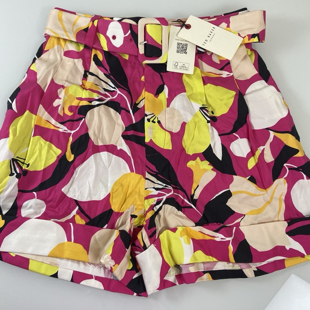 Ted Baker Women's Tailored Pink Floral Pleated Short Wide Belted Size 1 (XS) NEW